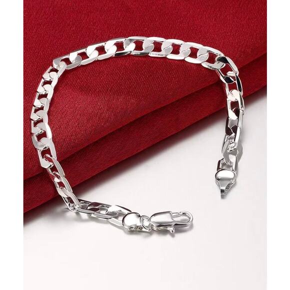 6MM 925Sterling Silver Cuban Chain flat Bracelet for Men &Women 20CM - Picture 3 of 7